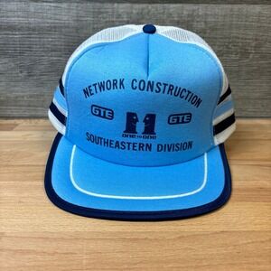 Vintage GTE Hat Snapback Blue Trucker Three Stripe General Telephone Electronics
